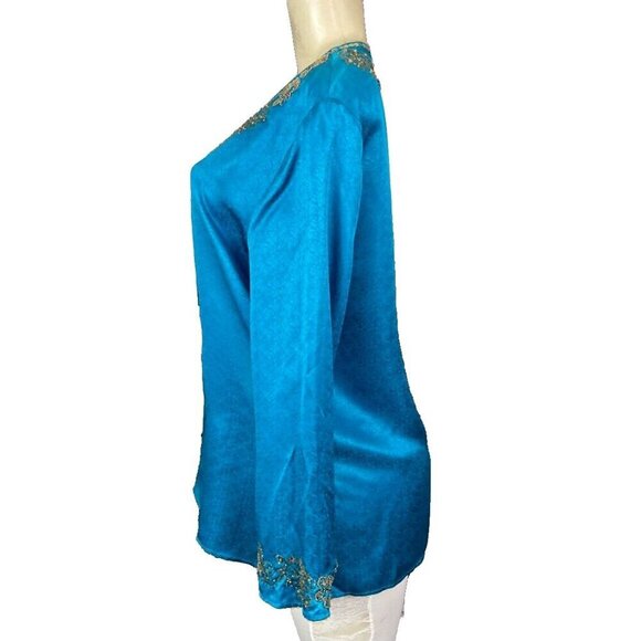 Itsu 14 Teal 100% Silk Textured Beaded Sequin Split Neck Long Bell Sleeve Top - Picture 5 of 6